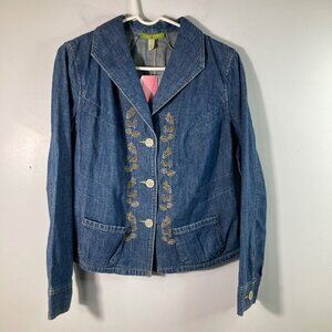 Womens Sigrid Olsen Herb Garden Embroidered Denim Jacket Button Blue 8 NWT Cotto
